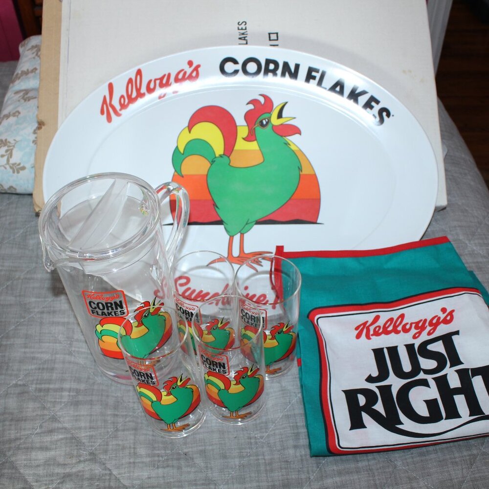 Rare Kelloggs Corn Flakes Pitcher/Cups & Serving Tray Set 1989